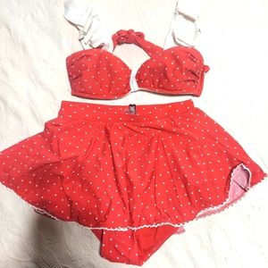 Unique Vintage Two-Piece High-Waisted Skirt-Style Swimsuit, Red with White Dots